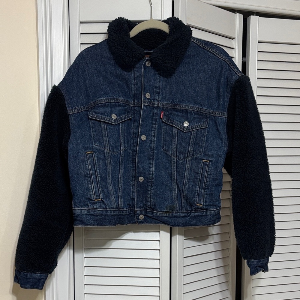 Levi's Dark Denim Jacket with Black Fleece Sleeves